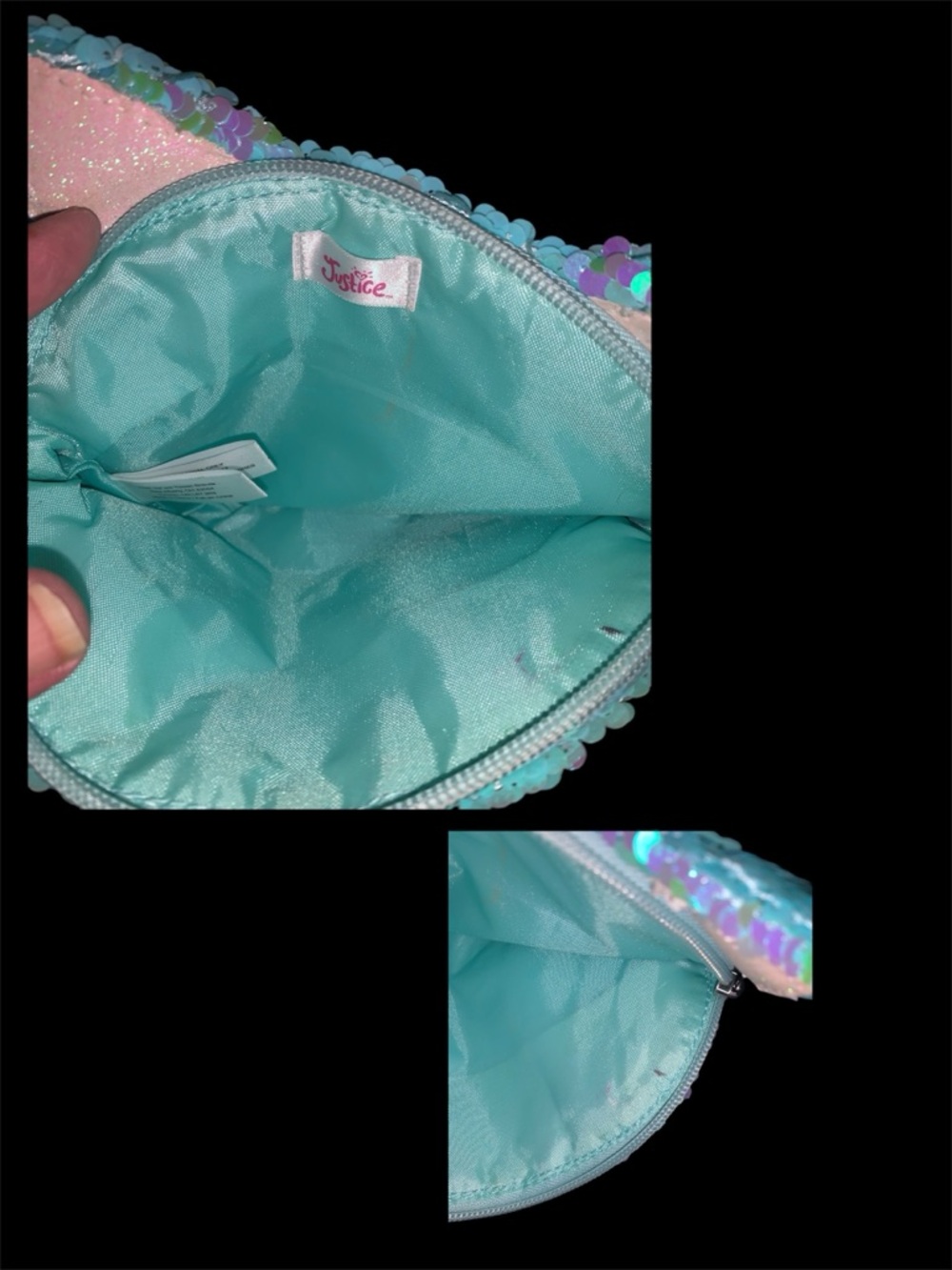 Justice Iridescent Aqua & Mint Sequin Owl Cosmetic Pouch w/ a crochet owl key - Picture 3 of 3